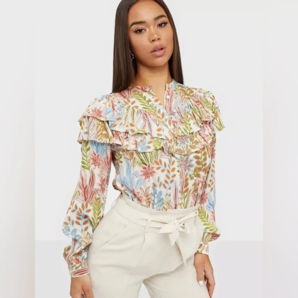Boho Cottagecore Coastal Garden Floral Print Ruffle Blouse Top Multicolour Sz S